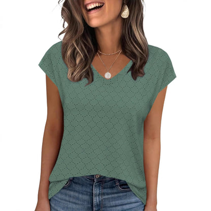 Women Lightweight V-Neck Eyelet Knit Top Ivyshape