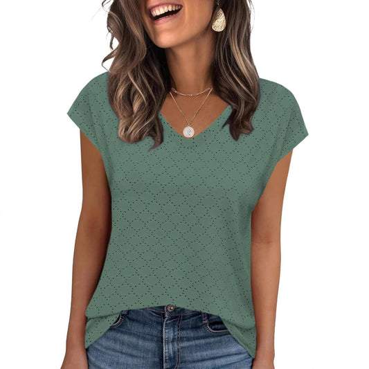 Women Lightweight V-Neck Eyelet Knit Top Ivyshape