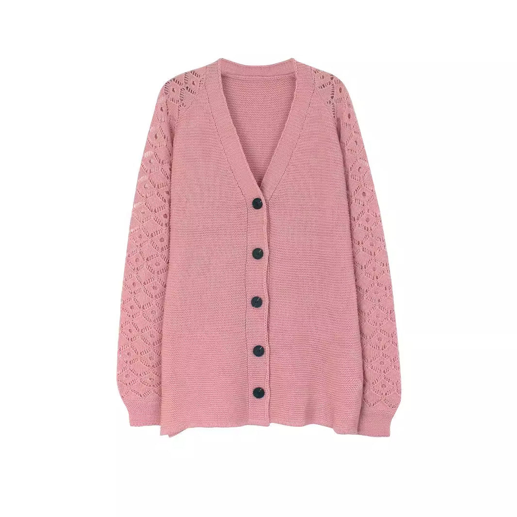 Women's airy knitted cardigan with transparent crochet pattern and button placket Ivyshape