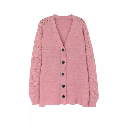 Women's airy knitted cardigan with transparent crochet pattern and button placket Ivyshape