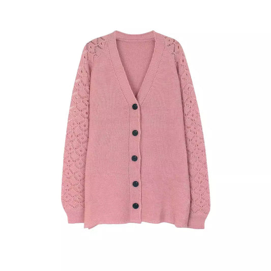 Women's airy knitted cardigan with transparent crochet pattern and button placket Ivyshape