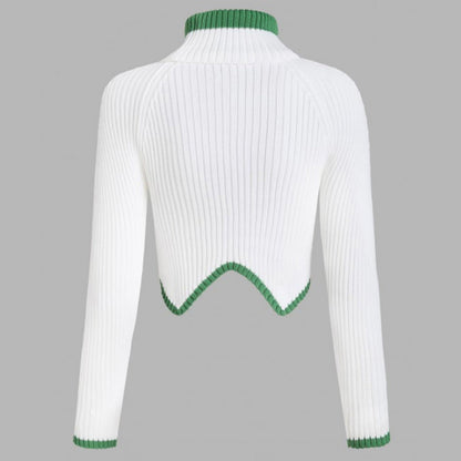 Women cropped knit sweater with high collar and contrast hem Ivyshape