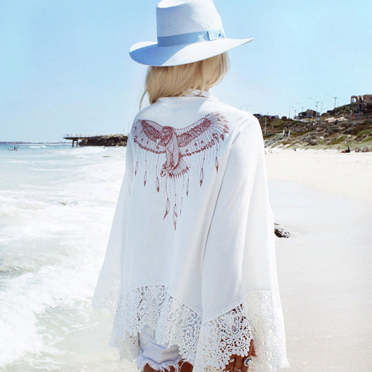 Women's Ethno-Inspired Beach Poncho with Lace Accents and Artistic Bird Motif Ivyshape