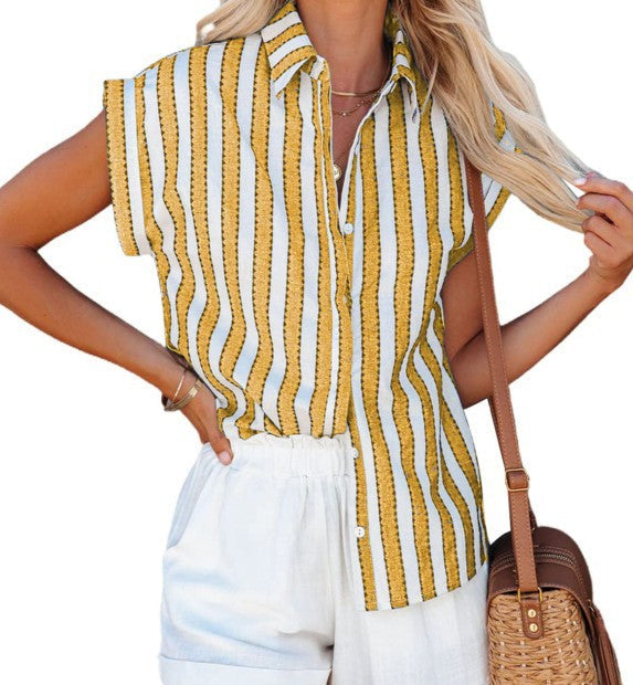 Women's casual linen shirt with striped design and elegant button placket Ivyshape