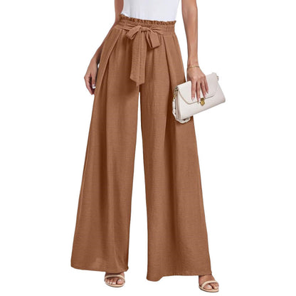 Ladies Wide High Waist Pants with Tie Belt and Elegant Style Ivyshape