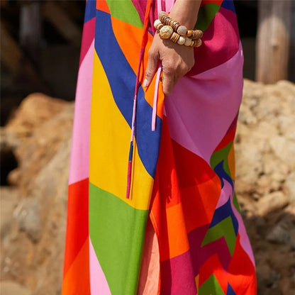 Women’s maxi dress with colorful geometric pattern mix and side slit Ivyshape