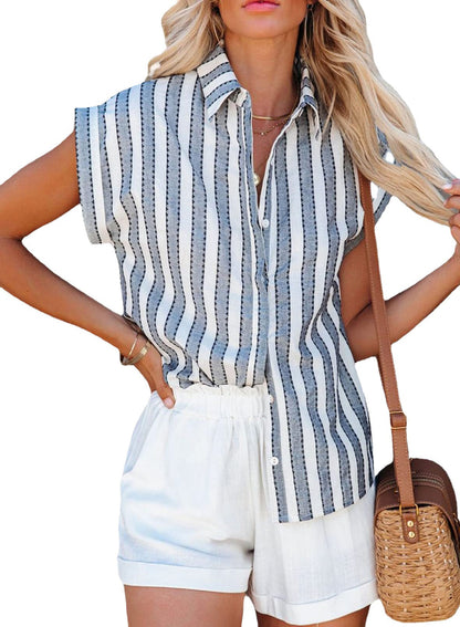 Women's casual linen shirt with striped design and elegant button placket Ivyshape
