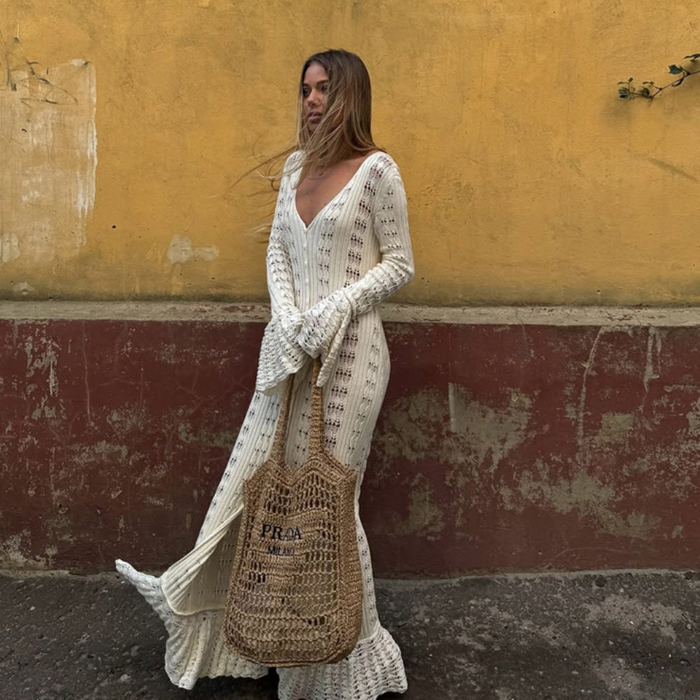 Women's knitted dress with romantic crochet pattern and voluminous sleeves Ivyshape