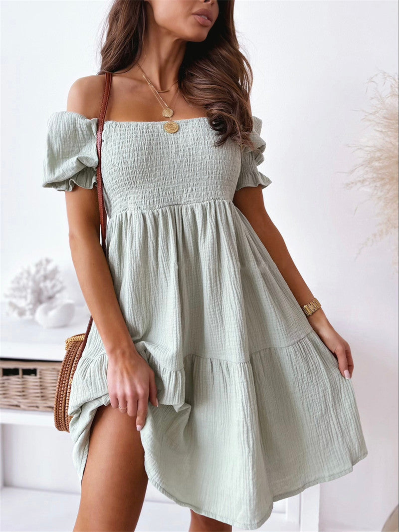 Women's Summer Off-Shoulder Dress with Ruffles and Deep Neckline Ivyshape