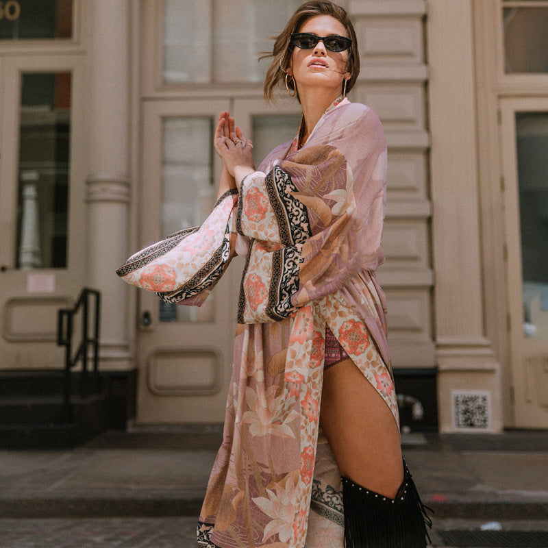 Women's Boho Style Beach Tunic with Floral Pattern and Elegant Cut Ivyshape