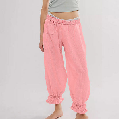 Women’s casual striped pants with elastic waistband and ruffle details Ivyshape
