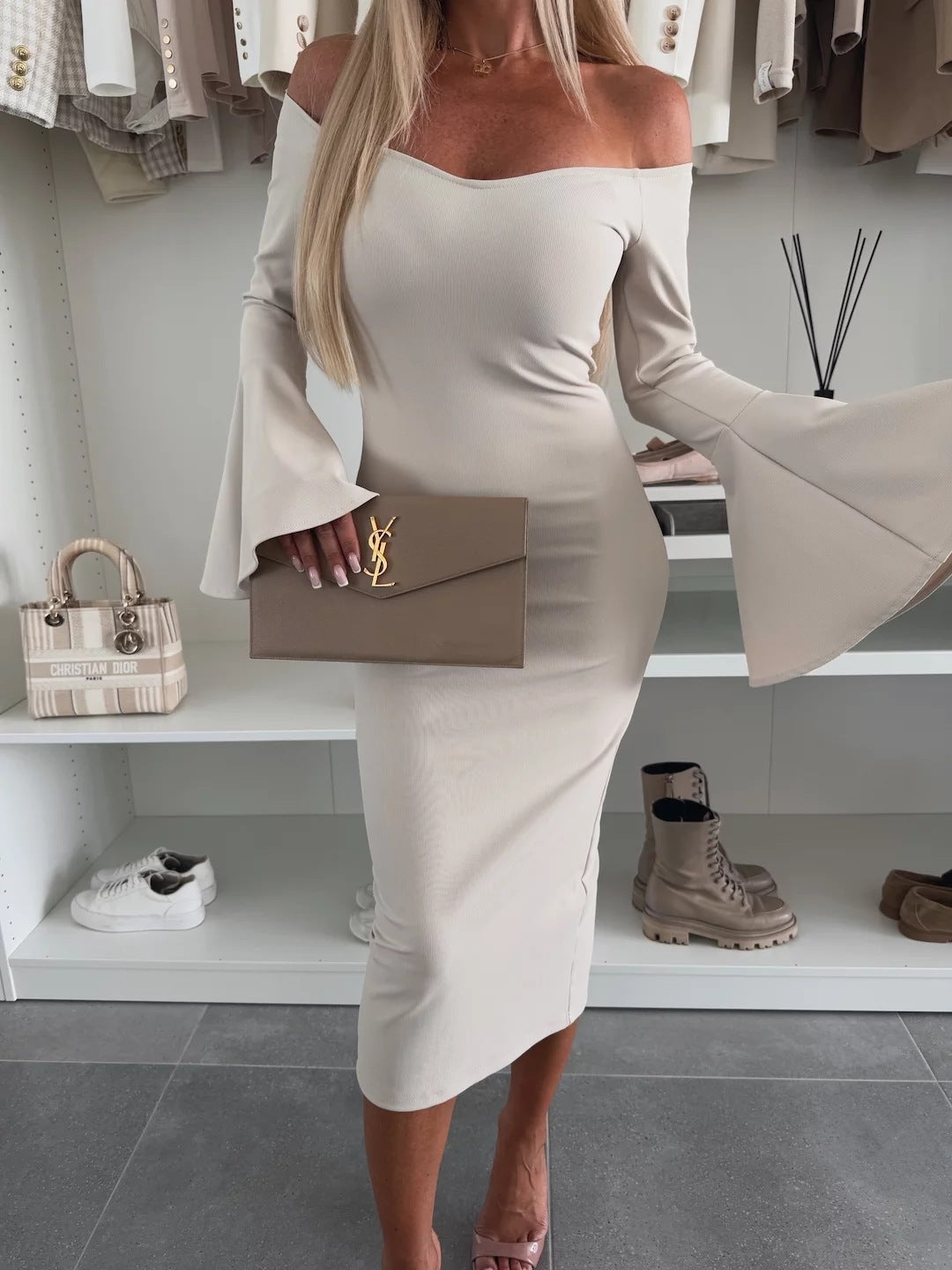 Women's sheath dress with off-shoulder ruffled sleeves and fitted silhouette Ivyshape