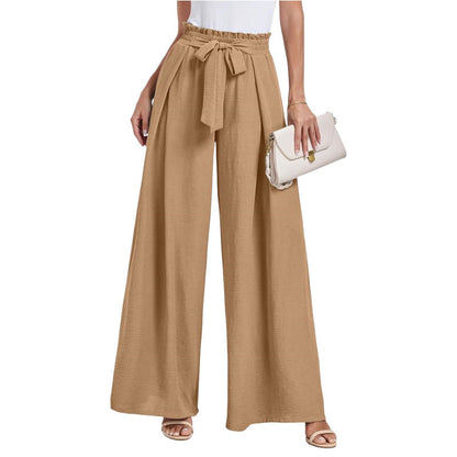 Ladies Wide High Waist Pants with Tie Belt and Elegant Style Ivyshape