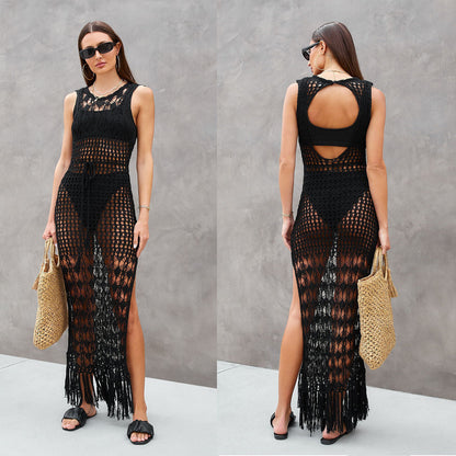 Women's Crochet Beach Cover-Up with Elegant Fringes and Sexy Cut Ivyshape
