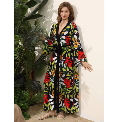 Women's elegant beach kimono with floral pattern and voluminous sleeves Ivyshape