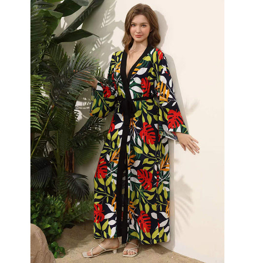 Women's elegant beach kimono with floral pattern and voluminous sleeves Ivyshape