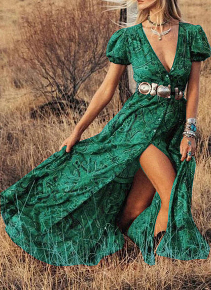 Ladies Maxidress with elegant puff sleeves and refined slit Ivyshape