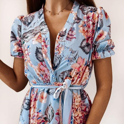 Women's asymmetrical blouse dress with floral design and fitted belt Ivyshape