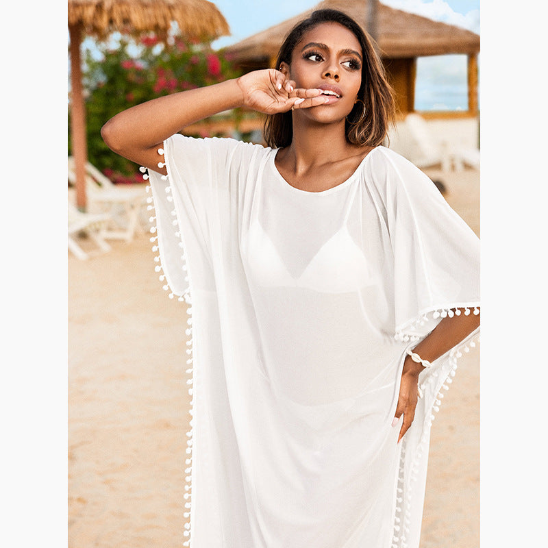Ladies airy beach poncho with decorative hem Ivyshape
