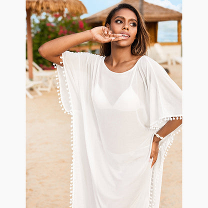 Ladies airy beach poncho with decorative hem Ivyshape
