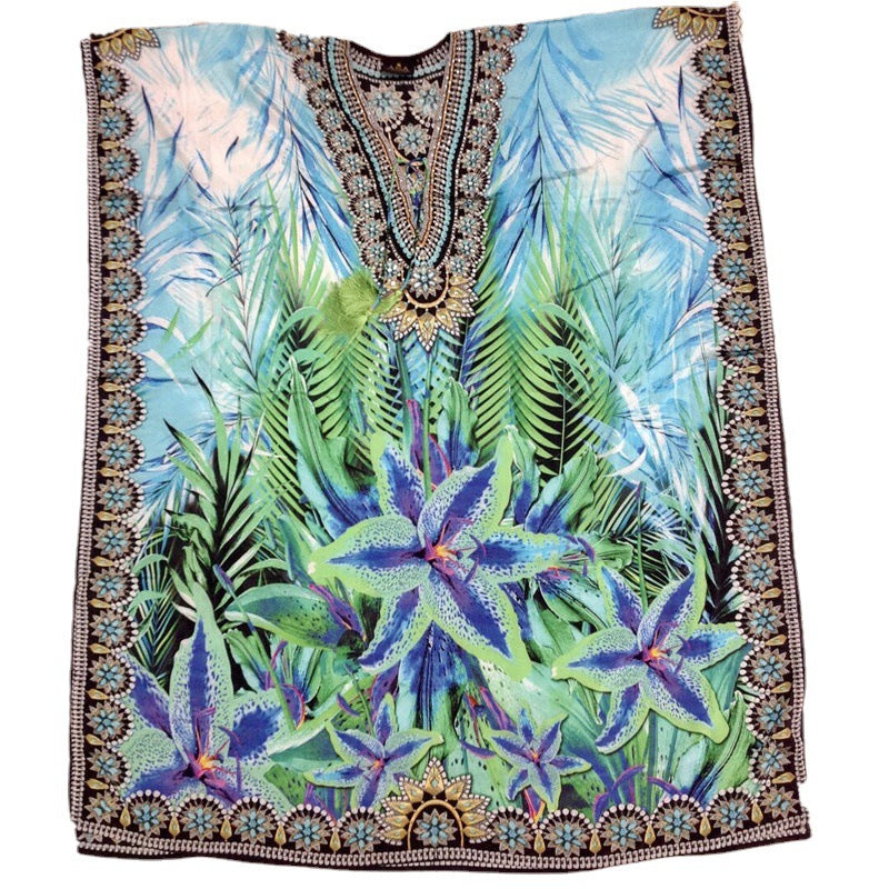 Ladies Maxi Kaftan with exotic pattern mix and elegant V-neck Ivyshape