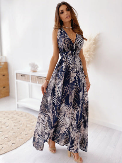 Ladies maxi dress with deep V-neck and sophisticated tie belt Ivyshape
