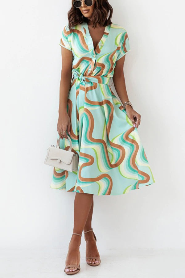 Women's maxi dress with modern geometric cut and waist belt Ivyshape