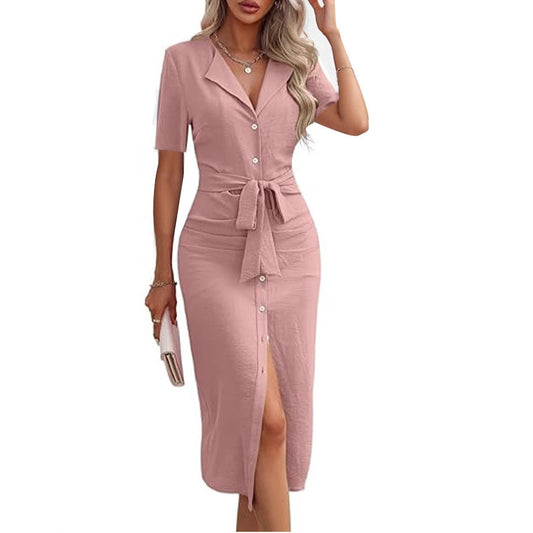 Women's shirt dress with tie belt and elegant button details Ivyshape