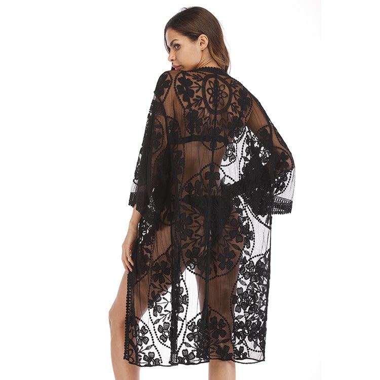 Ladies transparent crochet beach robe with floral patterns and wide sleeves Ivyshape