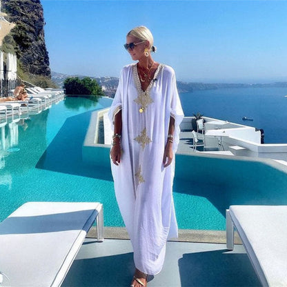 Women's Maxi Kaftan with Artistic Embroidery and Elegant V-Neck Ivyshape