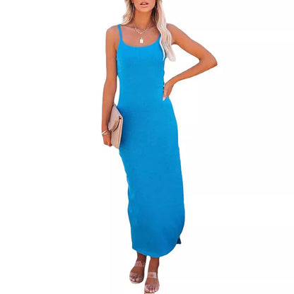 Ladies long, body-hugging dress with spaghetti straps and ribbed texture Ivyshape