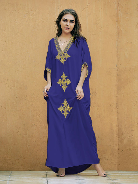 Women's Maxi Kaftan with Artistic Embroidery and Elegant V-Neck Ivyshape