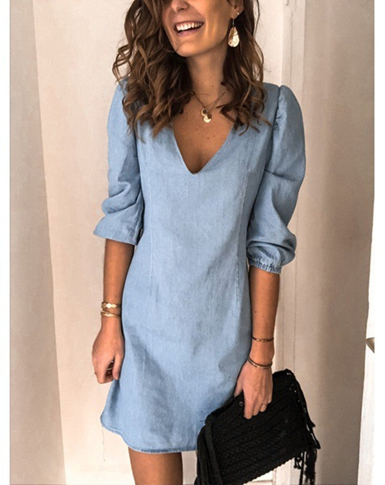 Ladies elegant V-neck short dress with puff sleeves Ivyshape