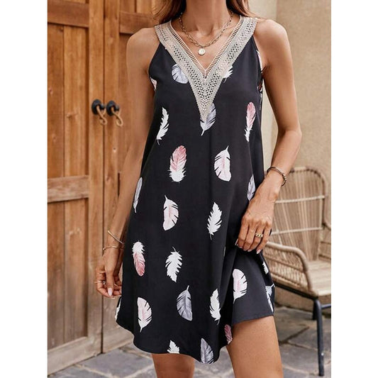 Ladies summer dress with V-neck and delicate crochet trim Ivyshape