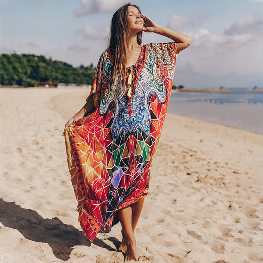 Women's beach kaftan with colorful mandala pattern and casual cut Ivyshape