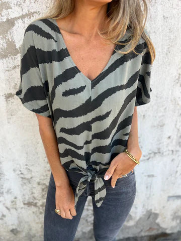 Ladies Elegant V-Neck Tie-Front Blouse Ivyshape
