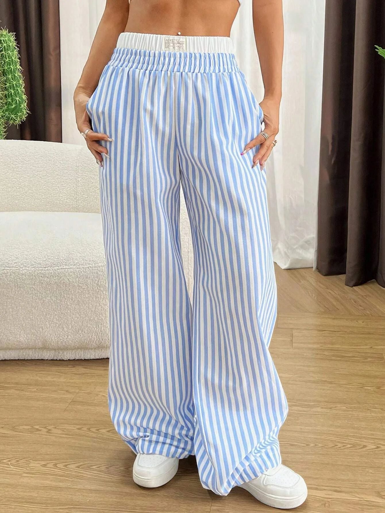 Women Light Vertical Striped Wide Leg Pants Ivyshape