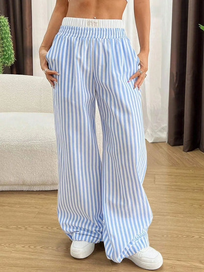Women Light Vertical Striped Wide Leg Pants Ivyshape