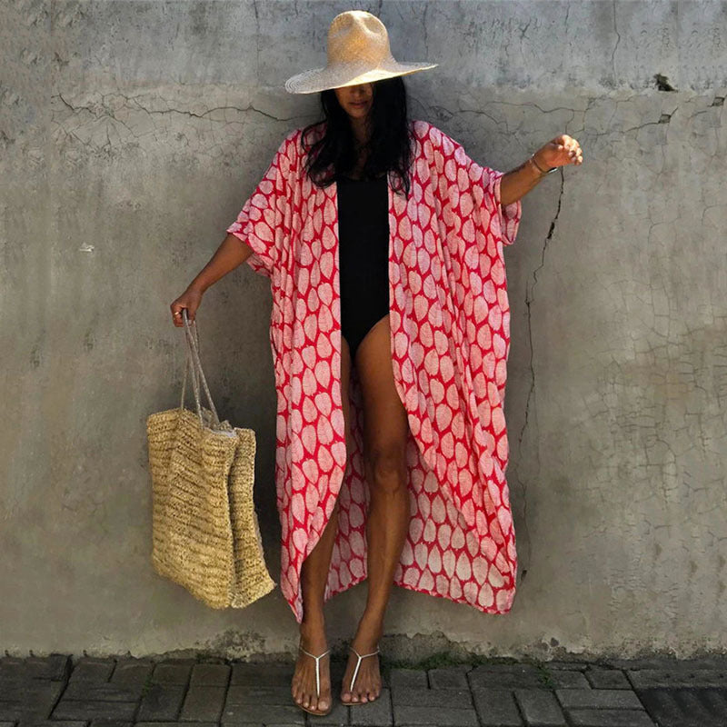 Women's Beach Kimono with Airy Cut and Festive Leaf Design Ivyshape