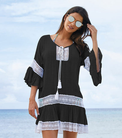 Women's beach dress with refined crochet and ruffle sleeves Ivyshape