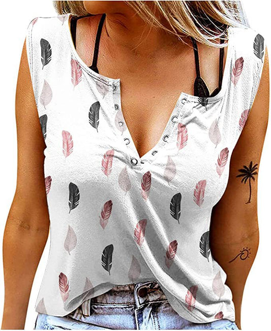 Women's Button Placket T-Shirt with Feather Pattern Ivyshape