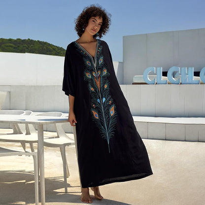 Ladies elegant kaftan robe with elaborate peacock motif Ivyshape