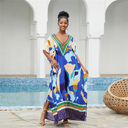 Women’s Maxi Dress with Graphic Pattern Mix and Deep V-Neck Ivyshape