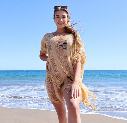 Women's casual crochet beach cover-up with fringed accents Ivyshape