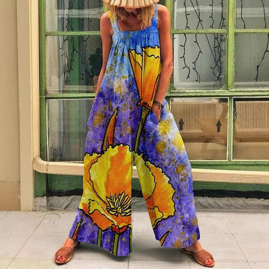 Ladies Art Print Wide-Leg Overall Ivyshape