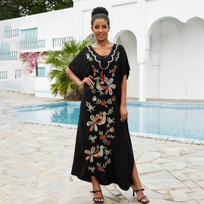 Ladies Maxi Kaftan with floral embroidery pattern and airy sleeves Ivyshape