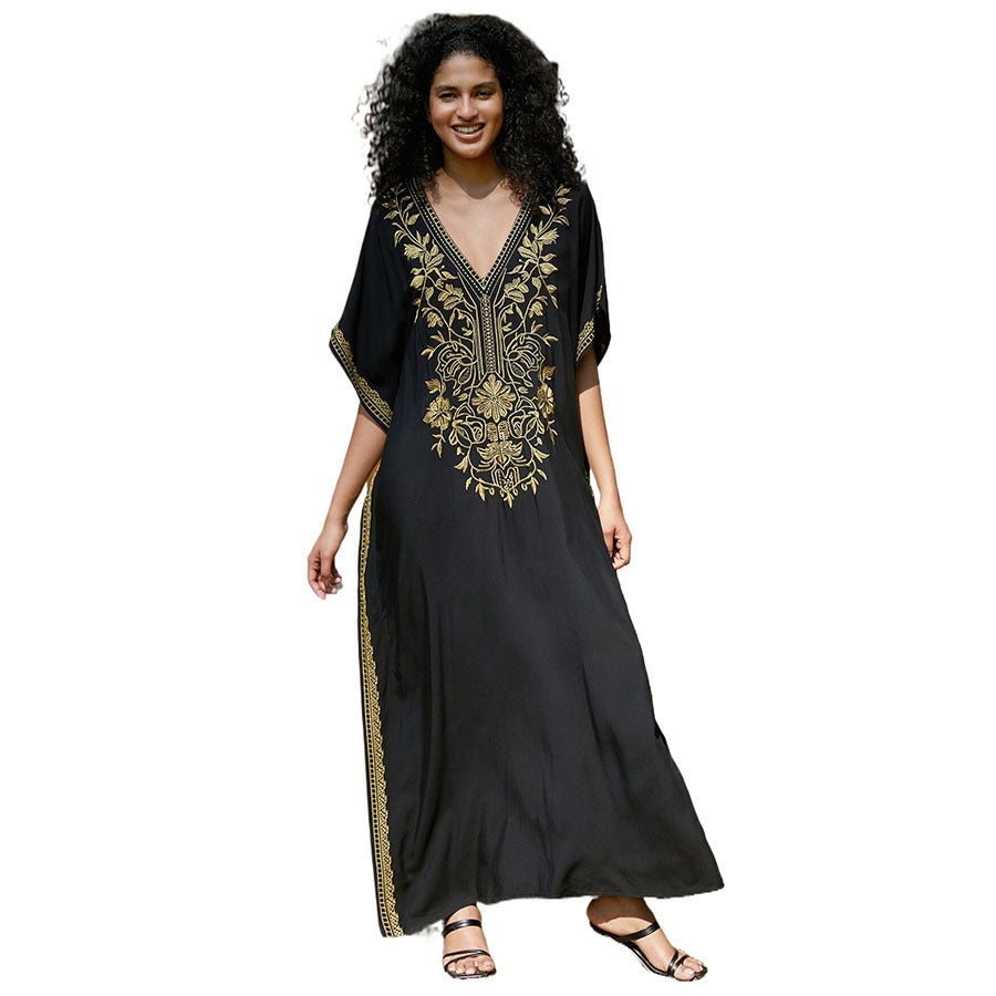 Women's kaftan dress with intricate golden border and elegant V-neck Ivyshape