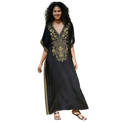Women's kaftan dress with intricate golden border and elegant V-neck Ivyshape