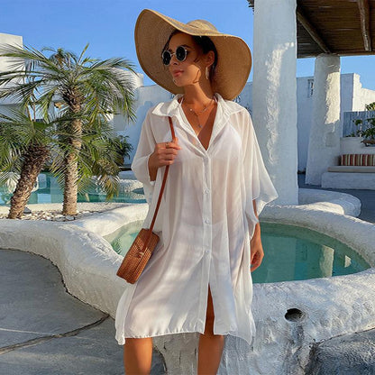 Ladies transparent beach coat with casual cut and generous sleeves Ivyshape
