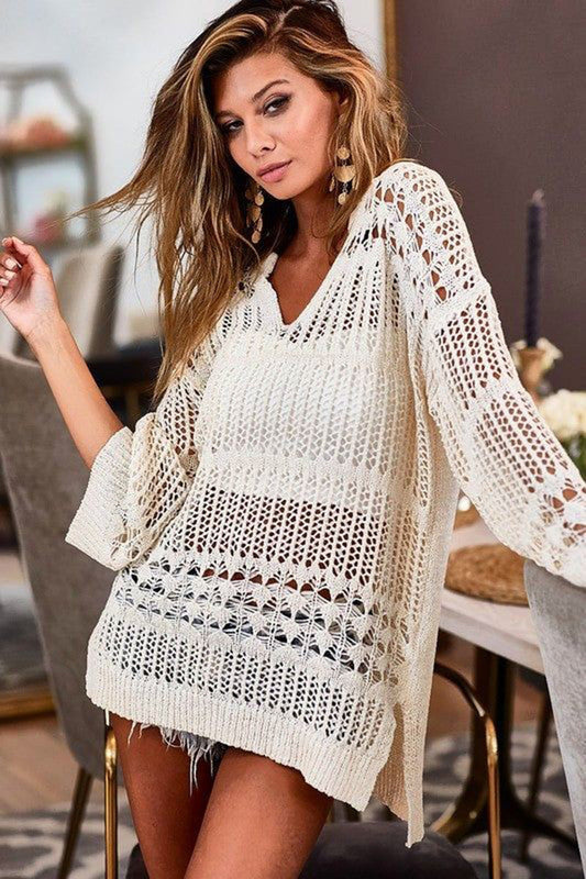 Women's airy crochet beach sweater with V-neck and wide sleeves Ivyshape